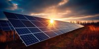 Sunset sky reflects solar panel sustainable power generation generated by artificial intelligence